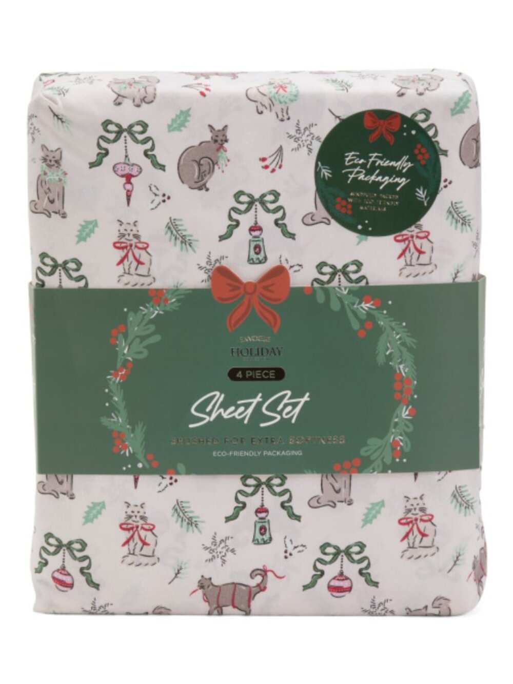 ENVOGUE Christmas Cats Vintage Bows Queen Sheet Set (4 Piece Set) - NIP